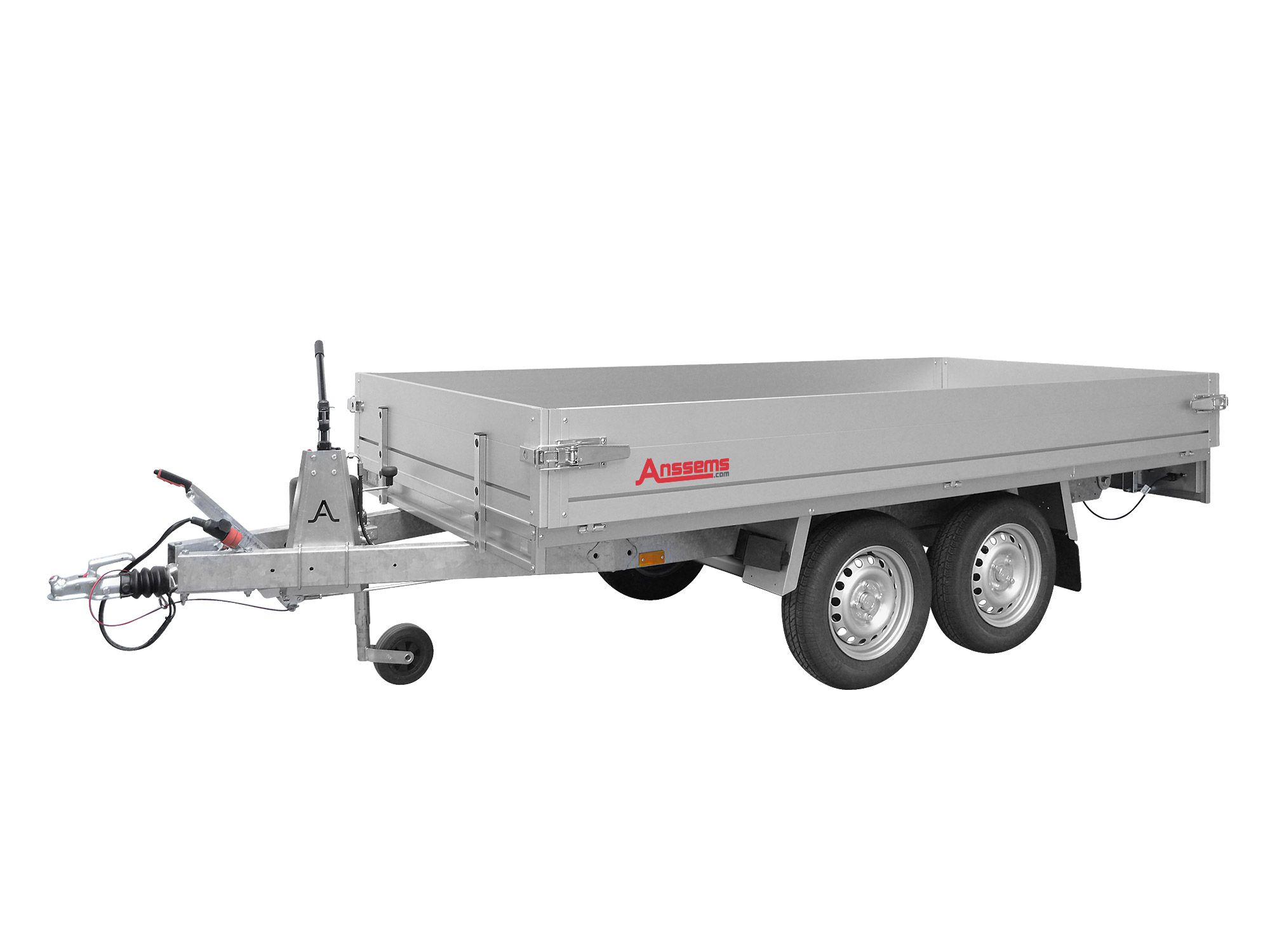 Hier sehen Sie ein Bild von unserem Anh&auml;nger R&uuml;ckwärts-Kipper der Marke Anssems im geschlossenen Zustand von links